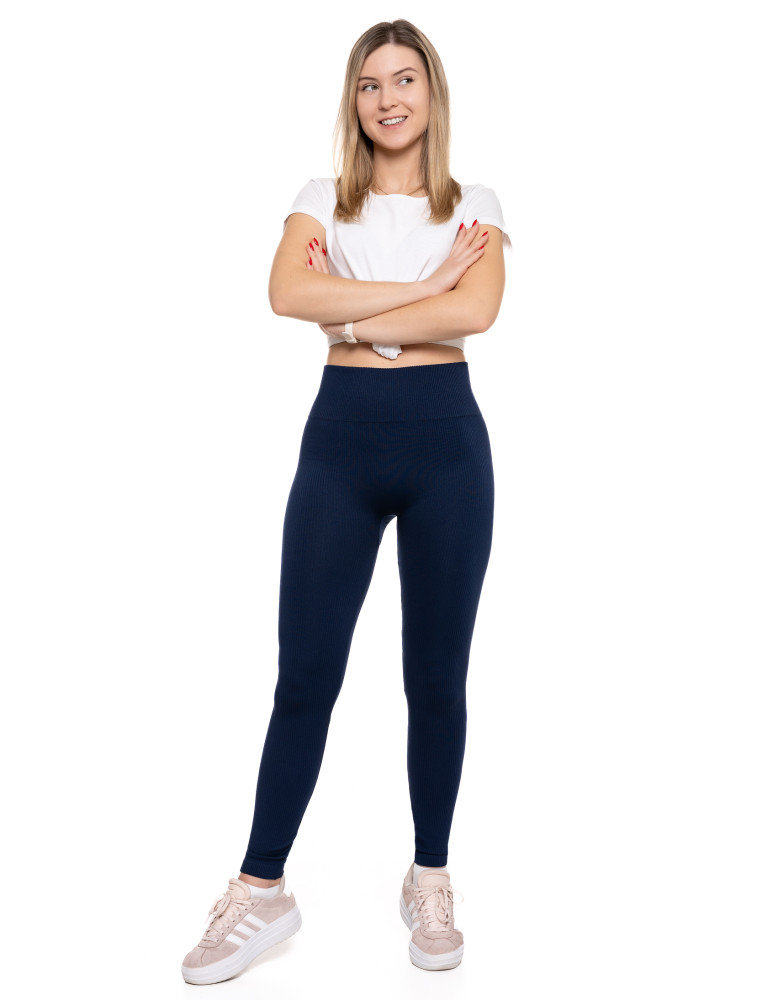 Legginsy - Legginsy damskie z wysokim stanem prążkowane sportowe GRANATOWY - produkt moraj.pl 1