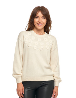 Sweter damski bawełniany oversize z aplikacją kwiatową