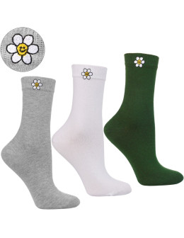 Skarpetki długie damskie bawełniane z haftem stokrotka 3-pak