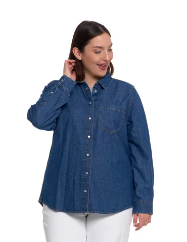 Koszula jeansowa damska w stylu denim - CIEMNY NIEBIESKI