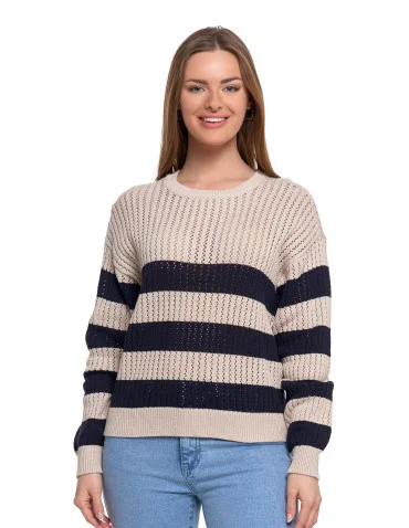 Sweter damski ażurowy bawełniany w paski - BEŻOWY