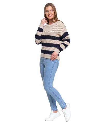 Sweter damski ażurowy bawełniany w paski - BEŻOWY  - produkt 2