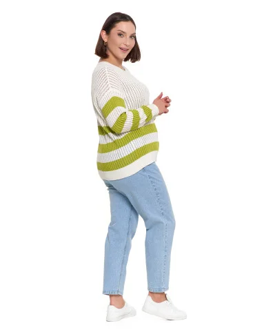 Sweter damski ażurowy bawełniany w paski - BIAŁY  - produkt 2