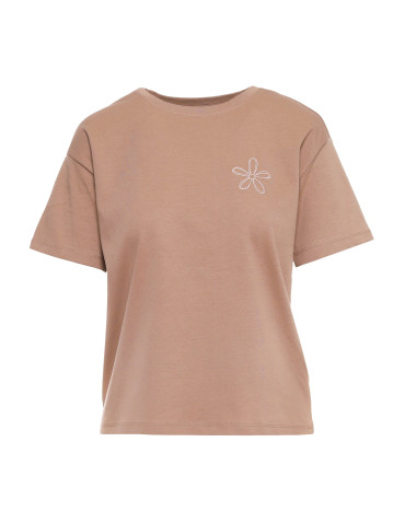 Koszulki i topy - T-shirt damski luźny z haftowanym kwiatkiem BEŻOWY - produkt 1