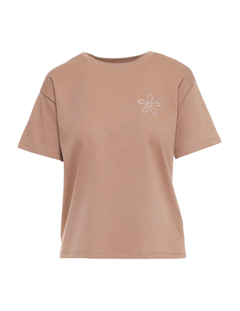 Koszulki i topy - T-shirt damski luźny z haftowanym kwiatkiem BEŻOWY - produkt moraj.pl 1