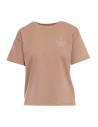 T-shirt damski luźny z haftowanym kwiatkiem BEŻOWY