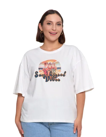 T-shirt damski oversize z nadrukiem - BIAŁY