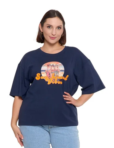 T-shirt damski oversize z nadrukiem - GRANATOWY