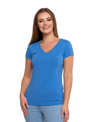 Koszulki i topy - T-shirt damski bawełniany z dekoltem V NIEBIESKI - produkt 1
