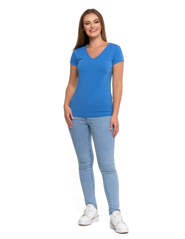 Koszulki i topy - T-shirt damski bawełniany z dekoltem V NIEBIESKI - produkt 4