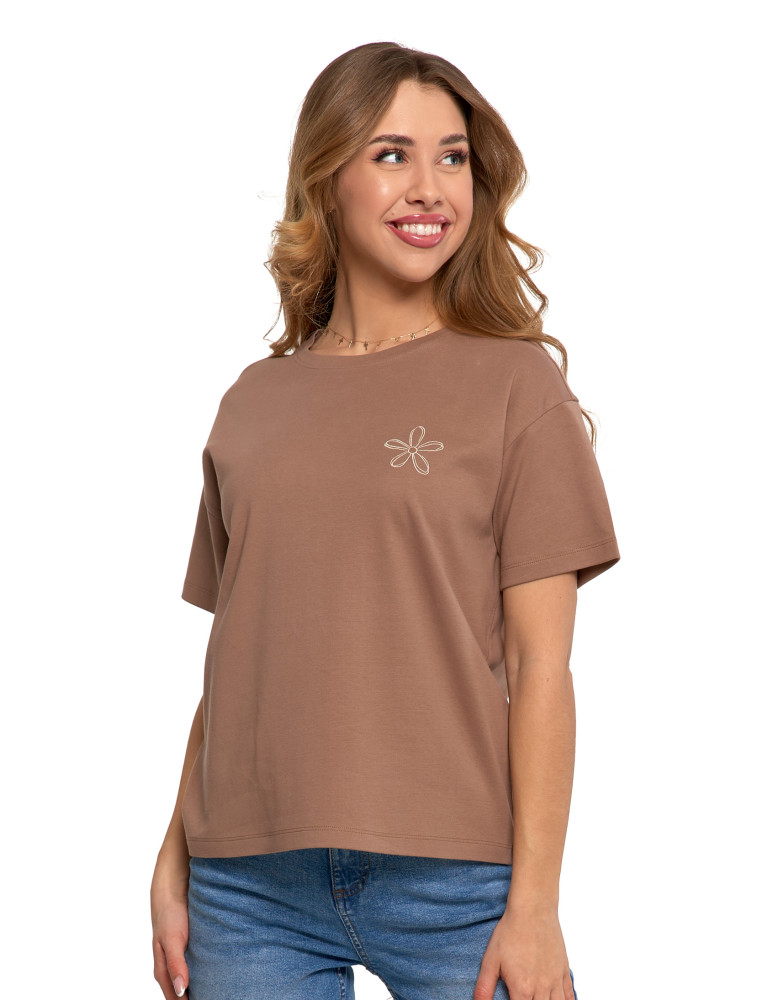 Koszulki i topy - T-shirt damski luźny z haftowanym kwiatkiem BEŻOWY - produkt moraj.pl 2