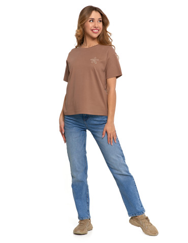 Koszulki i topy - T-shirt damski luźny z haftowanym kwiatkiem BEŻOWY - produkt 6