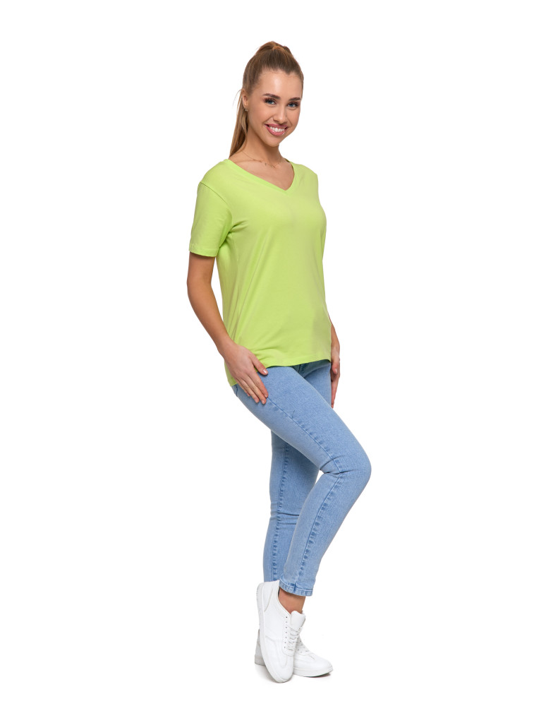 Koszulki i topy - Koszulka damska bawełna Premium T-shirt dekolt w serek LIMONKOWY - produkt moraj.pl 2
