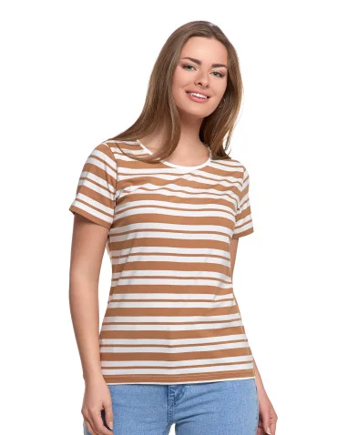 T-shirt damski bawełniany w paski - BRĄZOWY