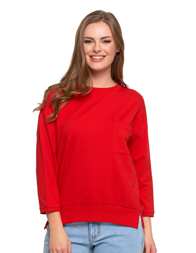Bluzy - Bluza damska z kieszonką o luźnym kroju CZERWONY - produkt moraj.pl 1