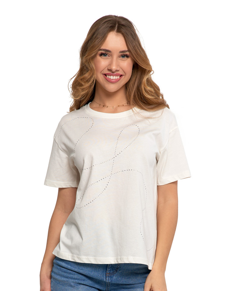 Koszulki i topy - T-shirt damski oversize z ozdobnymi dżetami BIAŁY - produkt moraj.pl 1