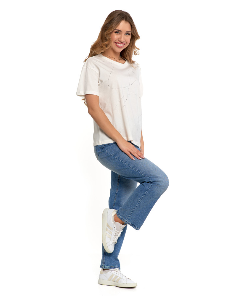 Koszulki i topy - T-shirt damski oversize z ozdobnymi dżetami BIAŁY - produkt moraj.pl 2