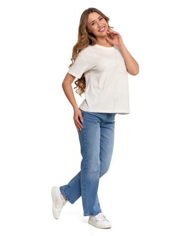 Koszulki i topy - T-shirt damski oversize z ozdobnymi dżetami BIAŁY - produkt 3