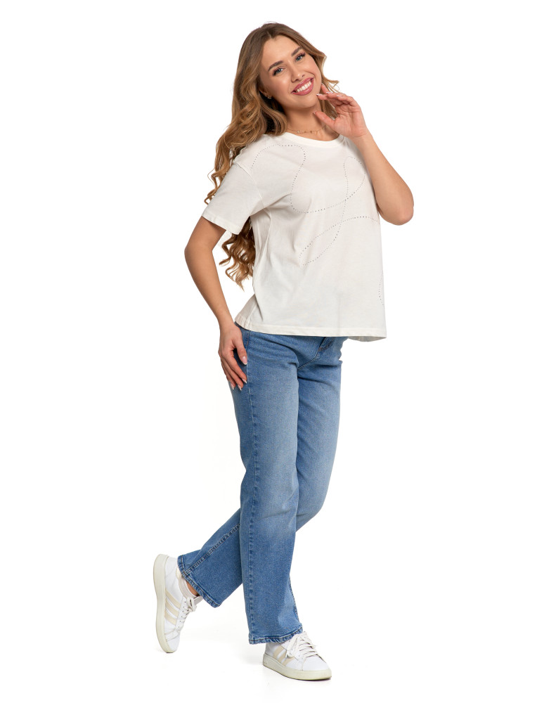 Koszulki i topy - T-shirt damski oversize z ozdobnymi dżetami BIAŁY - produkt moraj.pl 3
