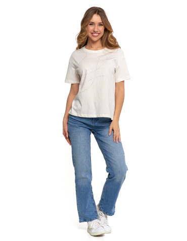 Koszulki i topy - T-shirt damski oversize z ozdobnymi dżetami BIAŁY - produkt 4