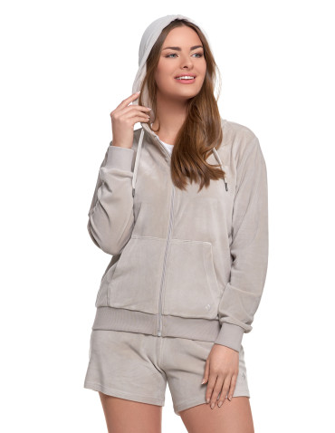 Bluzy - Damska welurowa bluza z kapturem i zamkiem JASNY SZARY - produkt 6