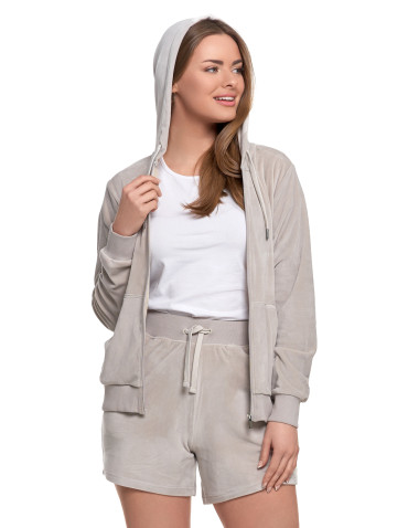 Bluzy - Damska welurowa bluza z kapturem i zamkiem JASNY SZARY - produkt 9