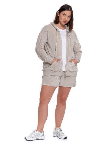 Bluzy - Damska welurowa bluza z kapturem i zamkiem JASNY SZARY - produkt 13