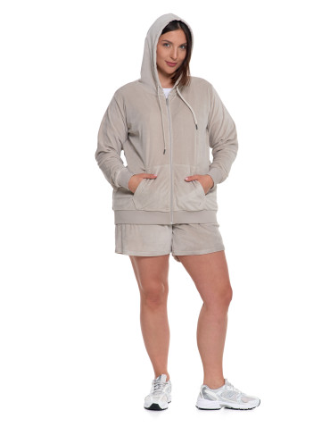 Bluzy - Damska welurowa bluza z kapturem i zamkiem JASNY SZARY - produkt 15