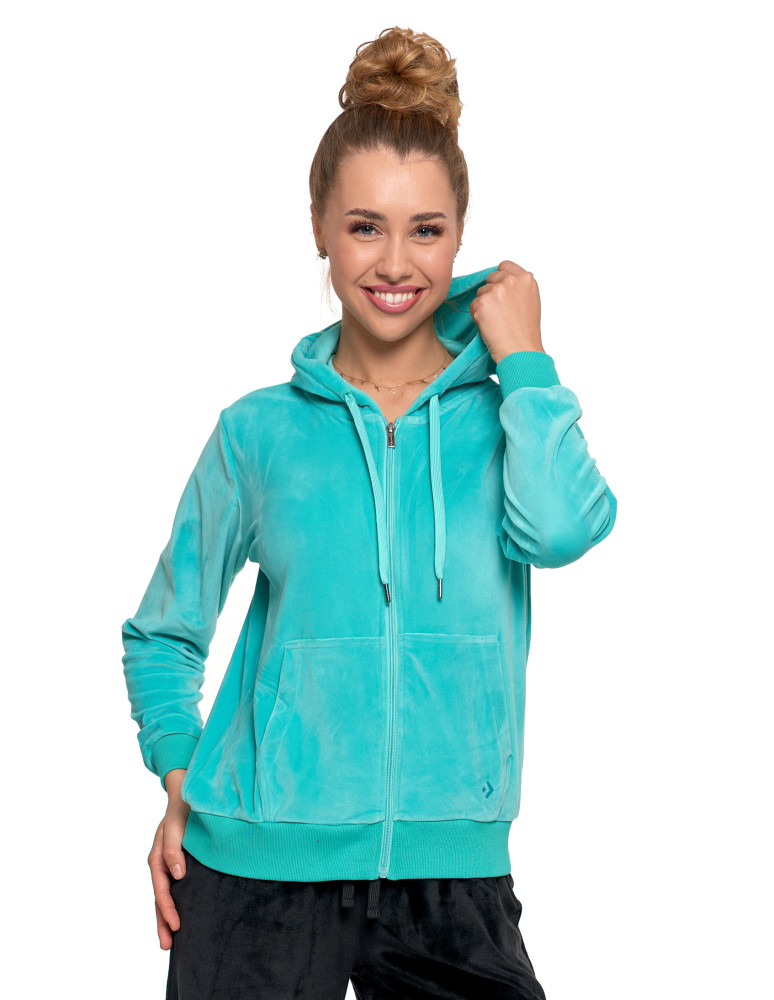 Bluzy - Damska welurowa bluza z kapturem i zamkiem TURKUSOWY - produkt moraj.pl 1