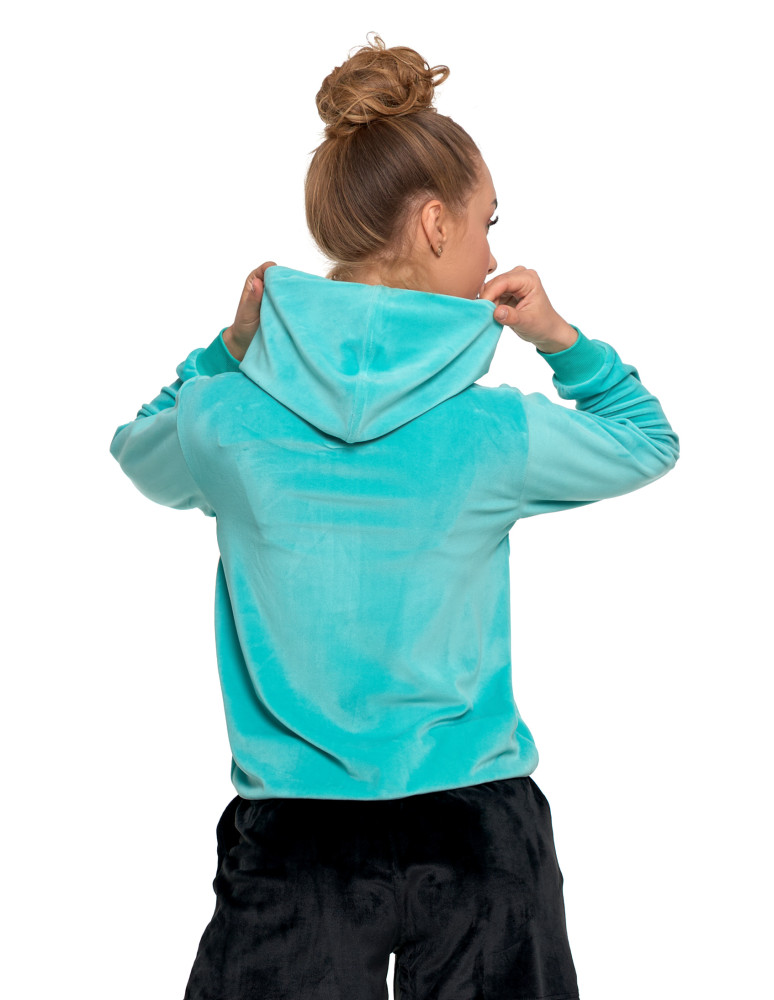 Bluzy - Damska welurowa bluza z kapturem i zamkiem TURKUSOWY - produkt moraj.pl 2