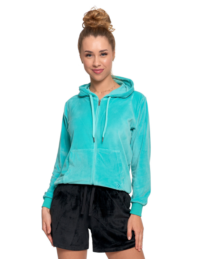 Bluzy - Damska welurowa bluza z kapturem i zamkiem TURKUSOWY - produkt moraj.pl 5