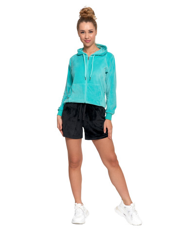 Bluzy - Damska welurowa bluza z kapturem i zamkiem TURKUSOWY - produkt 7