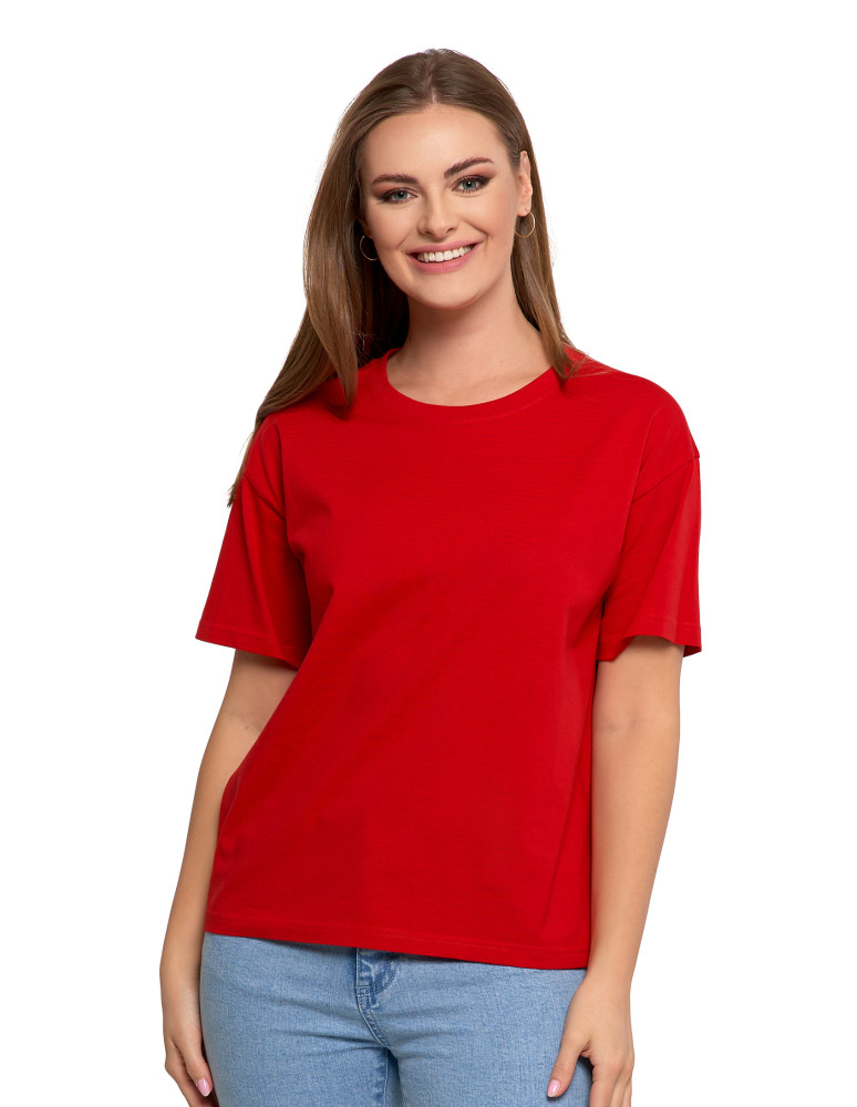 Koszulki i topy - T-shirt damski z bawełny klasyczny z efektem peach touch CZERWONY - produkt moraj.pl 1