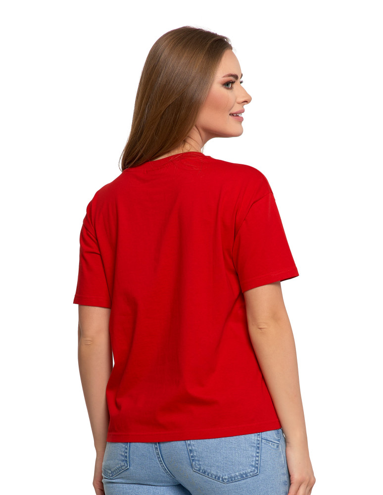 Koszulki i topy - T-shirt damski z bawełny klasyczny z efektem peach touch CZERWONY - produkt moraj.pl 2