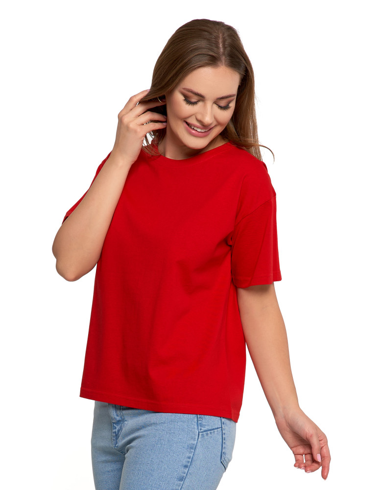 Koszulki i topy - T-shirt damski z bawełny klasyczny z efektem peach touch CZERWONY - produkt moraj.pl 3
