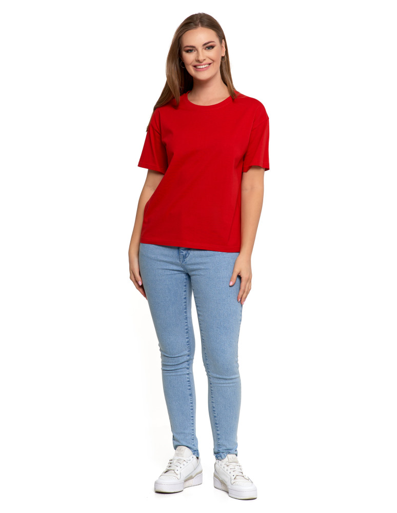 Koszulki i topy - T-shirt damski z bawełny klasyczny z efektem peach touch CZERWONY - produkt moraj.pl 4