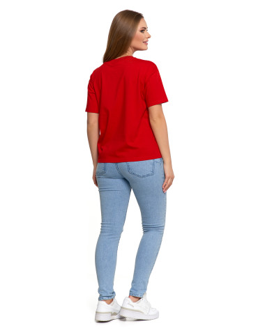 Koszulki i topy - T-shirt damski z bawełny klasyczny z efektem peach touch CZERWONY - produkt 5