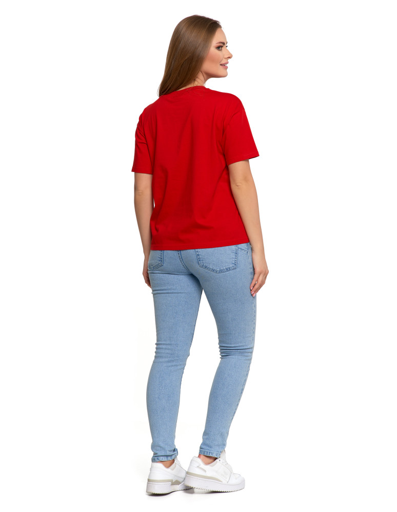 Koszulki i topy - T-shirt damski z bawełny klasyczny z efektem peach touch CZERWONY - produkt moraj.pl 5