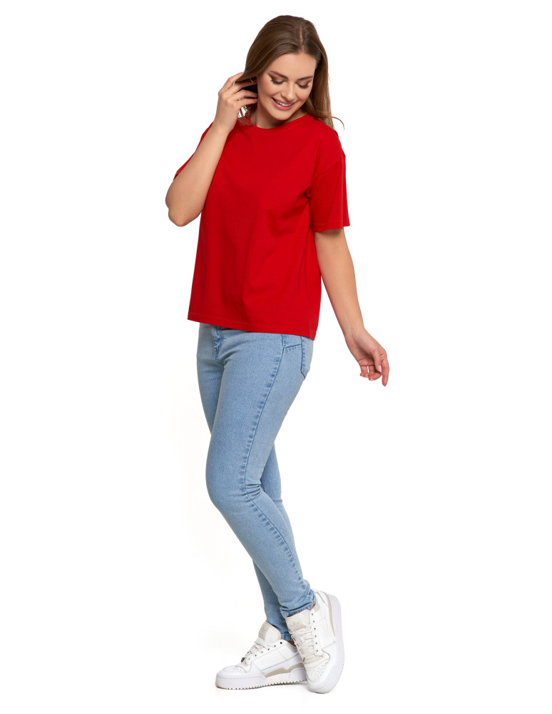 Koszulki i topy - T-shirt damski z bawełny klasyczny z efektem peach touch CZERWONY - produkt moraj.pl 6