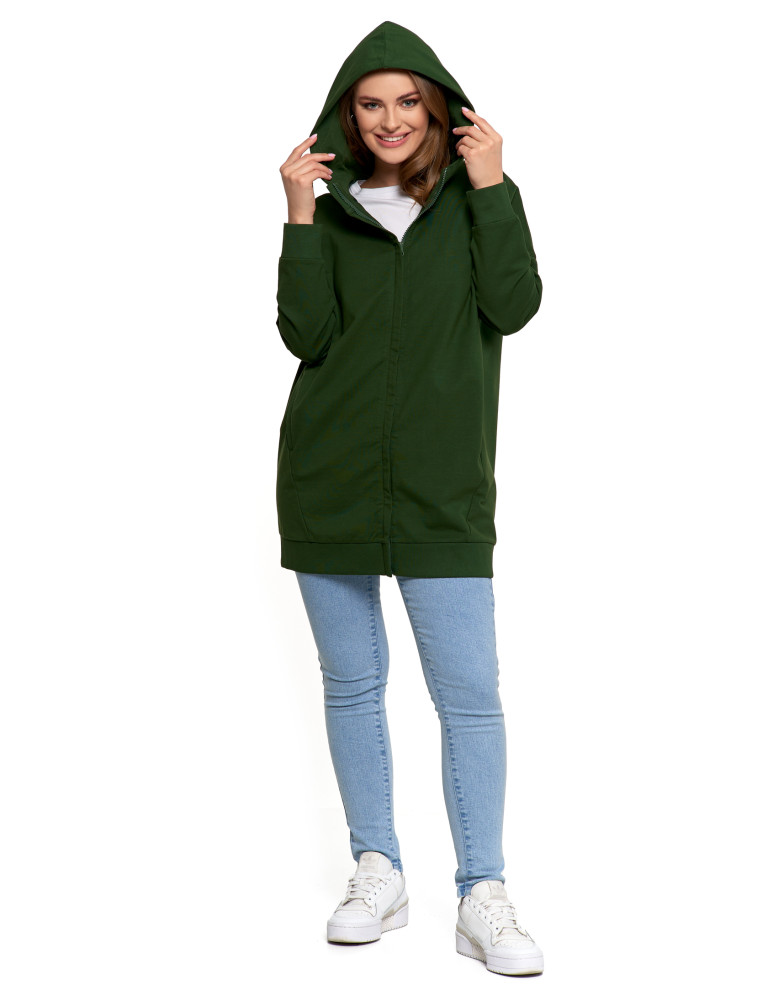 Bluzy - Bluza damska dresowa długa z kapturem i zamkiem ZIELONY - produkt moraj.pl 5