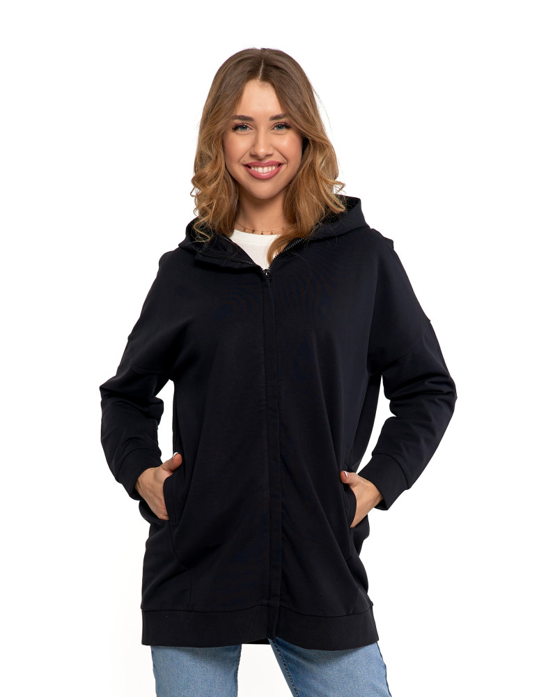 Bluzy - Bluza damska dresowa długa z kapturem i zamkiem CZARNY - produkt moraj.pl 1