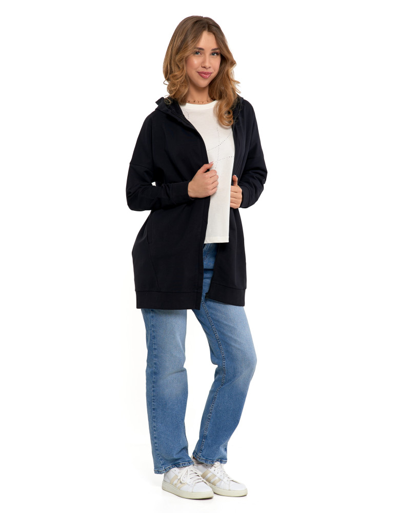 Bluzy - Bluza damska dresowa długa z kapturem i zamkiem CZARNY - produkt moraj.pl 2
