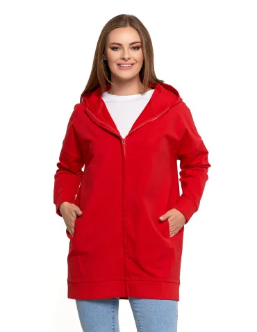 Bluza damska dresowa długa z kapturem i zamkiem - CZERWONY  - produkt 2
