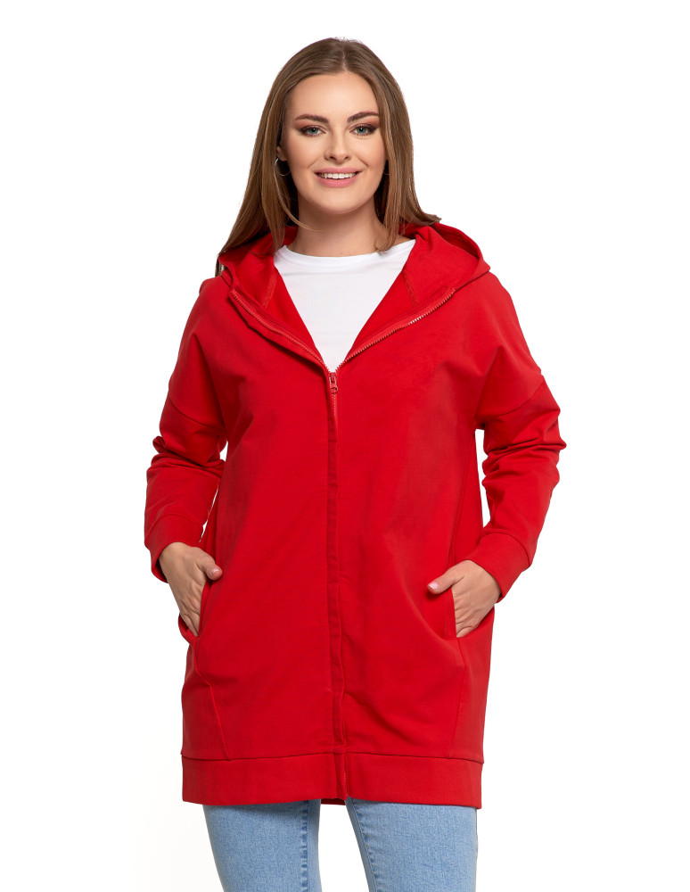 Bluzy - Bluza damska dresowa długa z kapturem i zamkiem CZERWONY - produkt moraj.pl 1