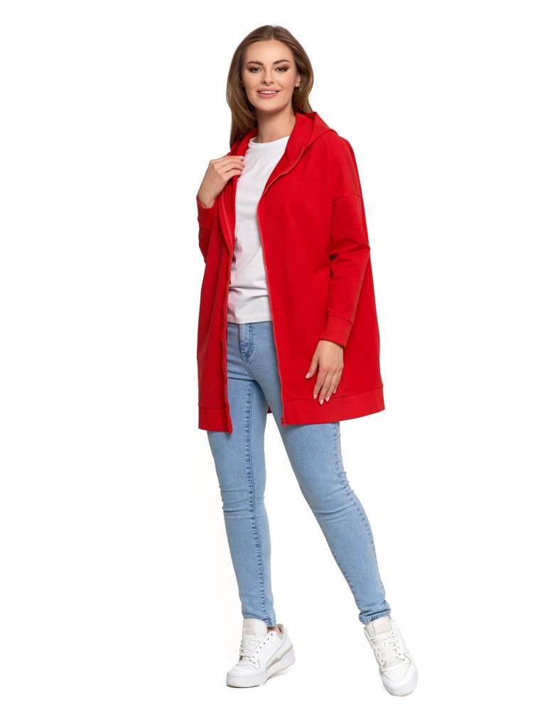 Bluzy - Bluza damska dresowa długa z kapturem i zamkiem CZERWONY - produkt moraj.pl 2