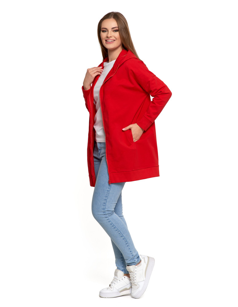 Bluzy - Bluza damska dresowa długa z kapturem i zamkiem CZERWONY - produkt moraj.pl 3