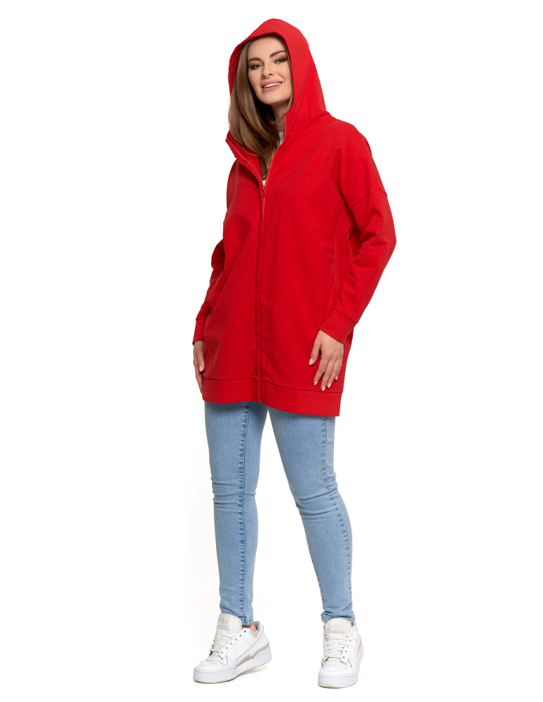 Bluzy - Bluza damska dresowa długa z kapturem i zamkiem CZERWONY - produkt moraj.pl 6