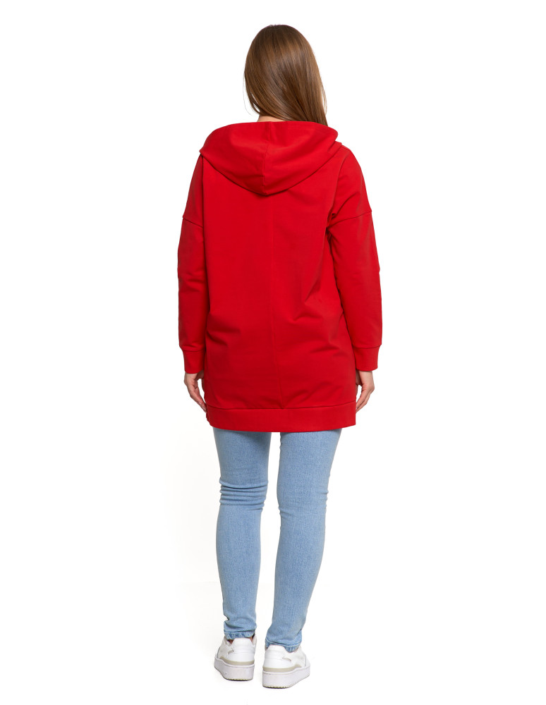 Bluzy - Bluza damska dresowa długa z kapturem i zamkiem CZERWONY - produkt moraj.pl 8