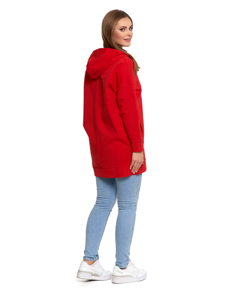 Bluzy - Bluza damska dresowa długa z kapturem i zamkiem CZERWONY - produkt moraj.pl 9