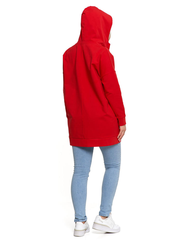 Bluzy - Bluza damska dresowa długa z kapturem i zamkiem CZERWONY - produkt moraj.pl 11